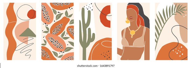 Set of backgrounds for social media platform, instagram stories, banner with abstract shapes, fruits, leaves, and woman shape. Visual design for your social networks, personal blog, shop.