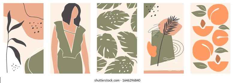 Set of backgrounds for social media platform, stories, banner with abstract shapes, fruits, leaves, and woman shape. Visual design for your social networks, personal blog, shop.