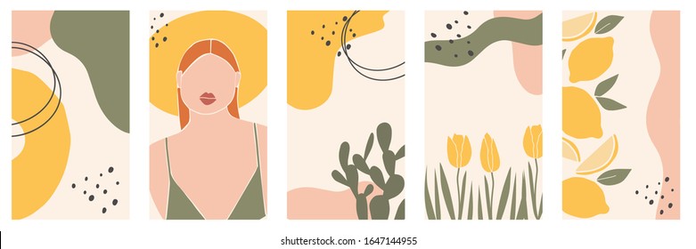 Set of backgrounds for social media platform, stories, banner with abstract shapes, fruits, leaves, and woman shape. Visual design for your social networks, personal blog, shop.