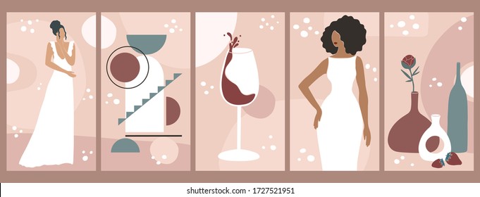 Set of backgrounds for social media platform, instagram stories, banner with abstract shapes, woman shape, brides, wine in glass, vase. Visual design for your social networks, personal blog, shop.