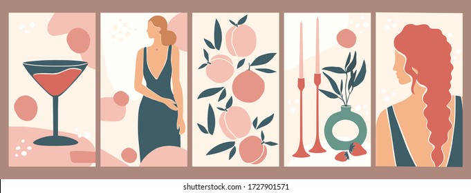 Set of backgrounds for social media platform, instagram stories, banner with abstract shapes, fruits, coctails, and woman shape. Visual design for your social networks, personal blog, shop.