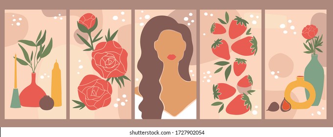 Set of backgrounds for social media platform, instagram stories, banner with abstract shapes,still life, peony, vases and woman shape. Visual design for your social networks, personal blog, shop.