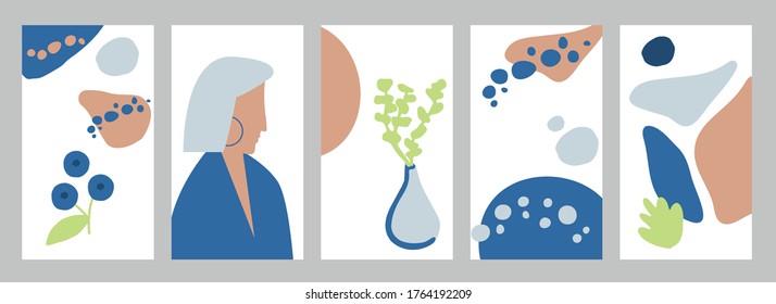 Set of backgrounds for social media platform, stories, banner with abstract shapes, fruits, leaves, and woman shape. Visual design for your social networks, personal blog, shop.