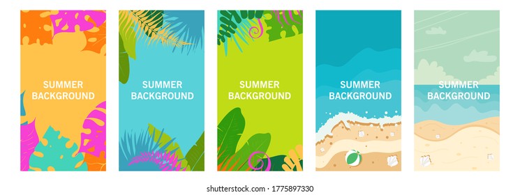 Set of  backgrounds, social media stories design templates with space for text - summer landscape. Summer vector illustration - vacation concept for banner, greeting card, poster and advertising ets.