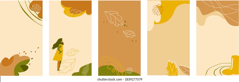 Set of backgrounds for social networks stories.  Trendy design template for social media. Orange, yellow, green colors. Autumn leaves, girl, lines. Vector illustration