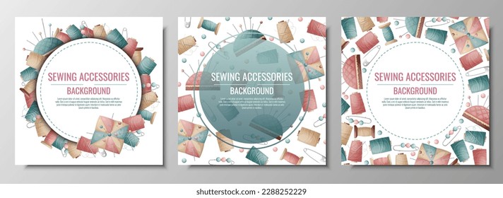 Set of backgrounds with spools of thread and pincushion. Sewing workshop, atelier, tailoring. Banner, poster, flyer with sewing accessories.