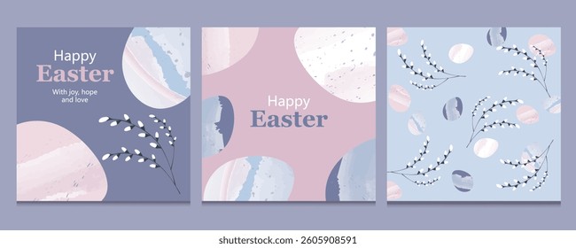 Set of backgrounds with Spring Easter mood with watercolor spots and silhouette of flowers and eggs. Vector illustration. Happy Easter cards.