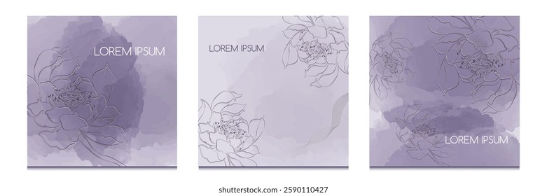 Set of backgrounds with Spring mood with watercolor spots and silhouette of flowers. Vector illustration