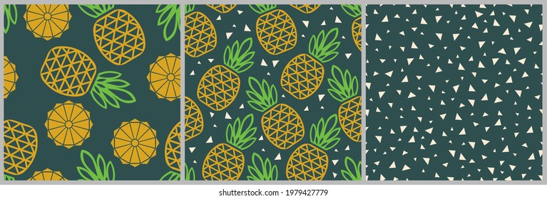
Set of backgrounds. Square patterns with geometric pineapple outlines on a green background. Vector design for the decoration of fabrics, backgrounds, napkins, interiors, covers, banners