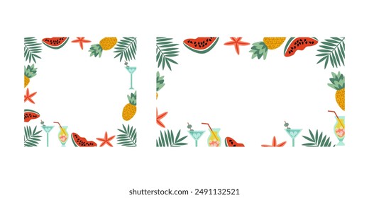 Set of backgrounds square and rectangular background frame of beach desserts - cocktails, pineapples with palm branches, monstera leaves and tropical flowers, starfish - vector flat illustration