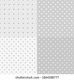 Set of backgrounds with stars and hearts. Seamless pattern. Textures for banner, flyer or poster. Black and white illustration