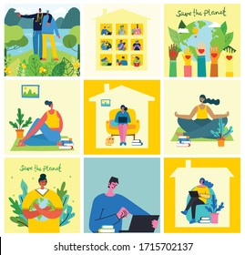 Set of backgrounds of Stay and work at home and Save the planet in the flat design.