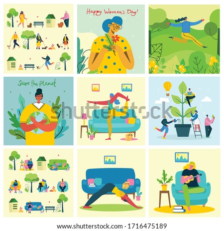 Set of backgrounds of Stay and work at home and Save the planet in the flat design.
