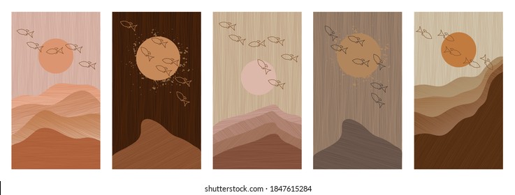 Set of backgrounds for the stories social media platforms. Banner with abstract shapes, textures, fish and the sun. Visual design for your online communities, personal blog, store, advertising. Vector