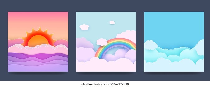 Eine Reihe von Hintergründen mit Sommerferien in der Gestaltung von Papier. Himmel, Wolken, Regenbogen, Meereswellen und Stil der Papierkunst. Vektorgrafik.