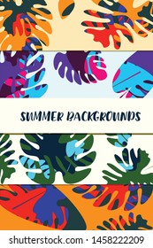 Set of backgrounds template, Card design exotic orange tropical colorful leaves vector illustration. Botanical jungle background cover design