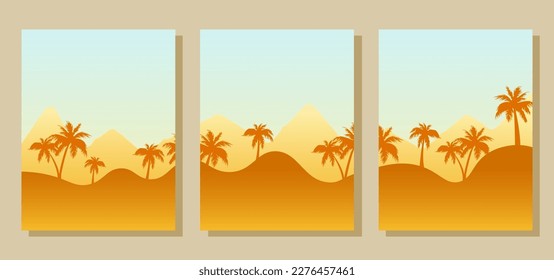 Un conjunto de antecedentes, plantillas para historias que representan un paisaje de verano. Palmeras al atardecer, montañas. Vector