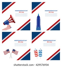 Set of backgrounds with text and different icons for american independence day celebrations