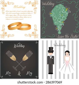 Set of backgrounds with text and different wedding elements. Vector illustration