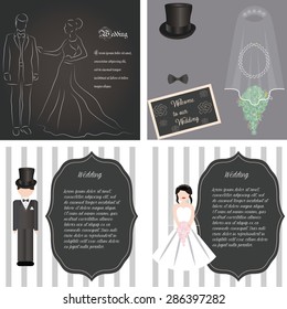 Set of backgrounds with text and different wedding elements. Vector illustration