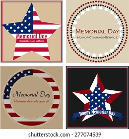 Set of backgrounds with text and elements for memorial day. Vector illustration