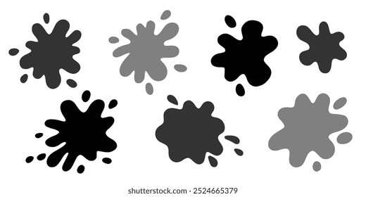 Set of backgrounds for text in form of stains from liquid, paint, milk, ink with drips, splashes, drops, puddles. Vector empty frames with round uneven edge for design of titles, discounts, price tag.