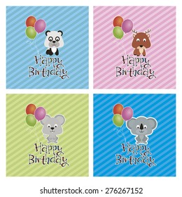 Set of backgrounds with text and happy animals for birthday. Vector illustration