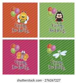 Set of backgrounds with text and happy animals for birthday. Vector illustration