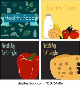 Set of backgrounds with text and healthy food. Vector illustration