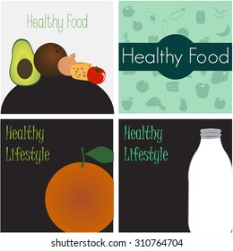 Set of backgrounds with text and healthy food. Vector illustration