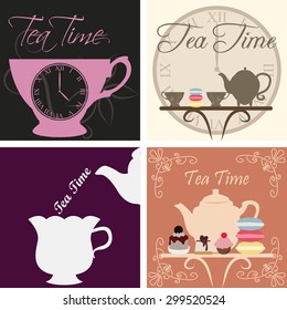Set of backgrounds with text and tea elements. Vector illustration