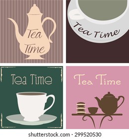 Set of backgrounds with text and tea elements. Vector illustration