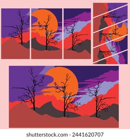 Set of backgrounds with trees and mountains silhouettes. Vector illustration.