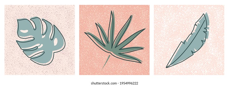 Hintergründe mit angesagten Blättern. Handgezeichnete abstrakte tropische Pflanzen, skandinavische minimale botanische Kunst. Moderne, primitive Social Media Post Design Vorlage.