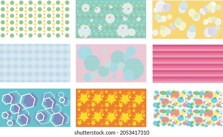 Set of backgrounds with trendy design. Pattern design set with Polka Dot, Gingham, Stripes, Hexagon and Stars. Applicable for Covers, Paper, Posters, Flyers, Banner Designs and etc.