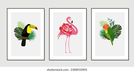 Set of Backgrounds with tropical jungle plants and birds.