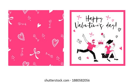 Set of backgrounds for Valentines Day with loving happy young couple and matching seamless pattern. Design for greeting Valentines cards and holiday decoration, hand drawn vector illustration.