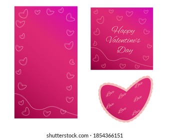 Un conjunto de antecedentes para el Día de San Valentín. Patrón cuadrado y vertical, patrón en forma de corazón. Plantillas vectoriales aisladas sobre fondo blanco para su diseño.
