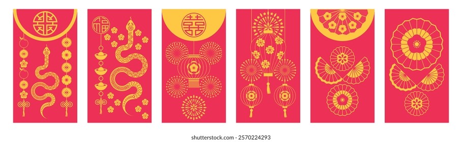 Set of backgrounds with various compositions of lanterns, fireworks, decorations and money symbols. Money envelope in traditional Chinese style. Year of the Snake
