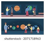 Set backgrounds with visitors of planetarium, flat cartoon vector illustration. Horizontal banners bundle with adults and children studying images of stars and planets.
