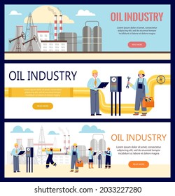 Set of backgrounds for web templates for oil industry. Collection of vector flat cartoon illustrations with workers and buildings of oil refinery and oil pipeline for landing design. UI concept.