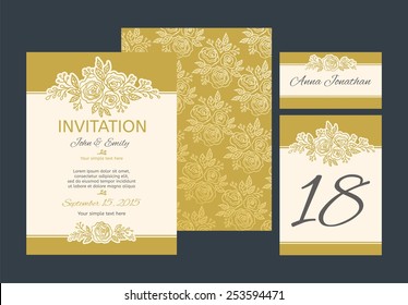 Set backgrounds to wedding with golden roses. Wedding invitation, table number, guest card