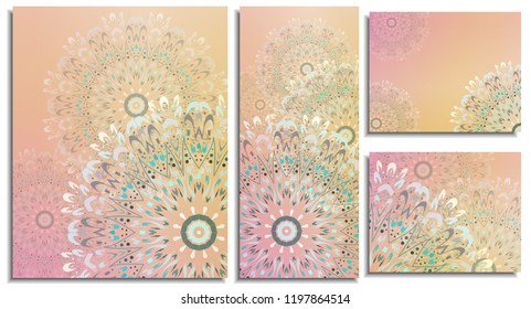 A set of backgrounds of wide use with geometric snowflakes in gentle warm winter colors: pink, blue, purple, pale green, orange,yellow, beige. Invitation cards for a wedding, party, advertising flyers