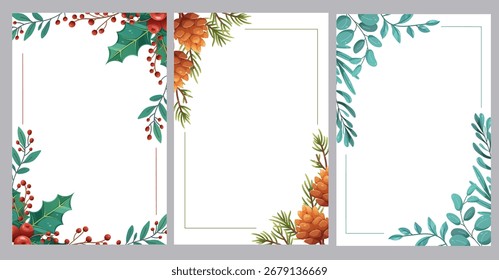 Set of backgrounds with winter branches, Christmas templates with space for text