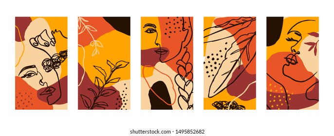 Set Backgrounds with Women Portraits and flora Elements. Abstract Mobile Wallpapers in minimalist trend style for social media stories. Vector Illustration in autumn colors orange, yellow, terracotta