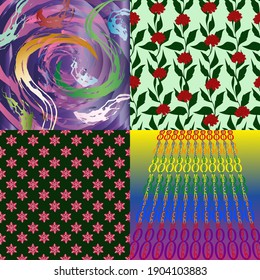 Set of backgrounds.Peonies with leaves, colorful brush strokes. Seamless pattern with gradient flowers. March 8. Banner, web poster, flyer, stylish brochure, postcard, cover. Vector illustration. 