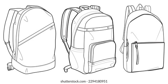 Set of Backpack bag flat sketch fashion illustration drawing template mock up, Backpack cad drawing.