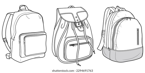 Set of Backpack bag flat sketch fashion illustration drawing template mock up, Backpack cad drawing.