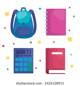 set of backpack with calculator and notebook with book