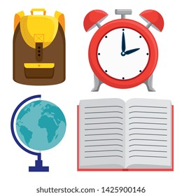 set of backpack with clock alarm and global map with note book